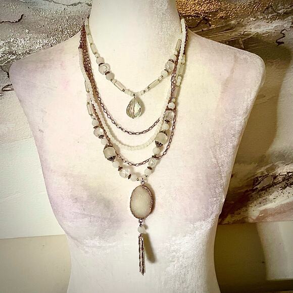 Multilayered Multistrand White and Gold Tone Tassel Pendant Necklace - Picture 1 of 3